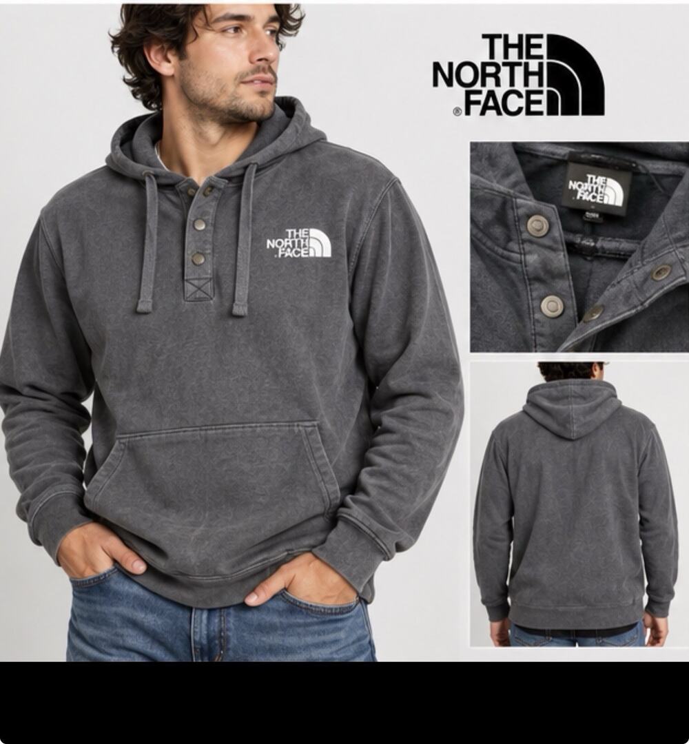 The North Face Mens XL Hoodie Gray Snap Neck Hooded Pullover Logo